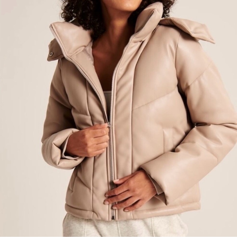 Abercrombie Tan Vegan Leather Cropped Hooded Puffer Jacket